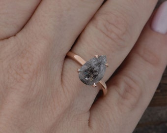 Pear Salt and Pepper Diamond Ring, Pear Engagement Ring, Art Deco Diamond Jewelry, Rose Gold Salt and Pepper Diamond Ring, Teardrop Ring