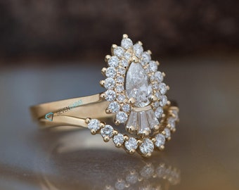 Wedding Engagement Ring Set, Vintage Style Wedding Ring Set, Art Deco Diamond Jewelry, Sunburst Ring, Gatsby Ring, Bridal Wedding Ring Set