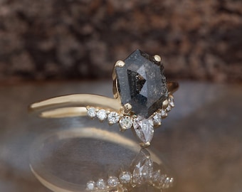 V Engagement Ring, Chevron Engagement Ring, Art Deco Diamond Jewelry, Salt and Pepper Engagement Ring, Hexagon Salt and Pepper Ring, Elegant