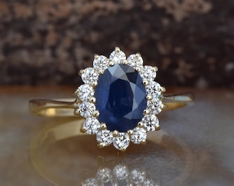 Sapphire engagement ring vintage oval shaped ring-Sapphire halo ring-Anniversary ring-Blue sapphire engagement ring-14k sapphire ring