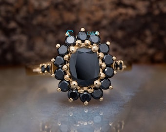 Black Diamond verlovingsring, bloem verlovingsring, Black Diamond Jewelry, Art Deco bloemenring, vintage stijl verlovingsring, elegant