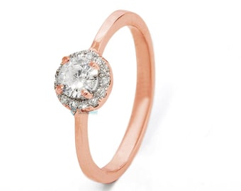 Classic Elegant Halo Natural Diamond Engagement Ring in 14k Rose Gold, Luxury Real Diamond Jewelry, Estate Diamond Ring, Anniversary Ring