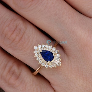 14k Gold Sapphire Ring, Gatsby Ring, Sunburst Ring, Ballerina Ring, Art Deco Diamond Jewelry, Sapphire Diamond Ring, Art Deco Sapphire Ring image 1