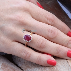 Vintage Halo Oval 1.5 Carat Red Ruby and Diamond Ring, Non Traditional Engagement Ring, Princess Diana Ring, Royal Jewelry, Anniversary Ring
