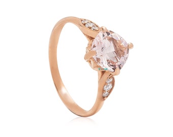 Anel de noivado elegante de ouro maciço 14k/18k de 1,4 quilates Halo Rose Morganite, deslumbrante anel de proposta de pedra preciosa de Morganite, anel de aniversário
