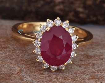 14k Gold Ruby Ring, Ruby Engagement Ring, Ruby Diamond Ring, Ruby Jewelry, Oval Ruby Ring, Halo Ruby Ring, Art Deco Ruby Ring, Vintage Style