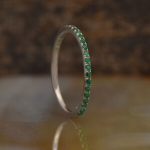 14k Green Emerald Ring, Solid Gold Emerald Wedding Band for Women, Minimalist Micro Pave Gemstone Ring, Half Eternity May Birthstone Ring