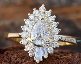 1 karaat diamanten verlovingsring vintage-14K geelgoud-belofte ring-peervormige diamanten verlovingsring-baguette diamanten ring-Art deco ring