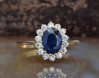 Diamond ring with Sapphire-Blue Sapphire-1 ct Blue Sapphire Engagement Ring-Yellow Gold Engagement Ring -Diana Ring-Anniversary ring-For her