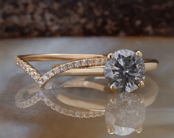 Salt and Pepper Diamond Ring Set, Pave Wedding Ring Set, Art Deco Diamond Jewelry, V Engagement Ring, Chevron Engagement Ring, Bridal Set