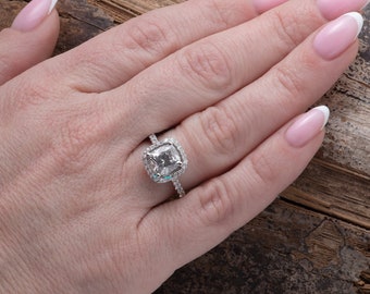 Quadratischer Halo Diamant Ring, Quadratischer Verlobungsring, Vintage Stil Verlobungsring Weißgold, Art Deco Diamant Schmuck, Latten und Pfeffer Ring