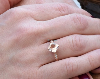 Anel de noivado elegante de ouro maciço 14k/18k de 1,4 quilates Halo Rose Morganite, deslumbrante anel de proposta de pedra preciosa de Morganite, anel de aniversário