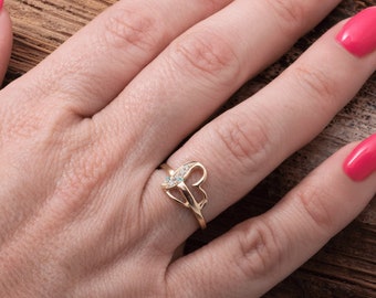 Elegant Heart Engagement Ring, Minimalist 14k Solid Yellow Gold Heart Ring with Natural Diamonds, Love Jewelry, Romantic Gift For Wife