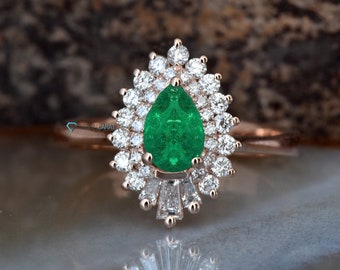 Emerald Ballerina Ring, Rose Gold Emerald Ring, Emerald Jewelry, Art Deco Emerald Engagement Ring, Emerald Diamond Engagement Ring, Gatsby