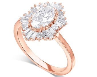 Vintage Style Gatsby Solid Gold Halo 3 Carat Diamond Engagement Ring, Stunning Oval Lab Diamond Engagement Ring, Luxurious Diamond Jewelry