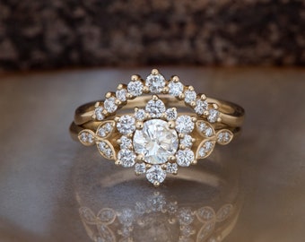 Conjunto de anillos de compromiso de diamantes, conjunto de anillos de flores, conjunto de anillos de compromiso de boda, joyería de diamantes Art Déco, anillo de flores Art Déco, inspirado en la naturaleza