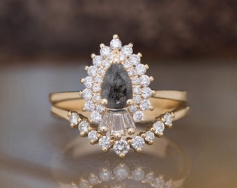 Salt Pepper Diamond Ring Set, Art Deco Ring Set, Bridal Ring Set, Vintage Style Ring Set, Art Deco Diamond Jewelry, Alternative Ring Set