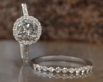 Wedding Engagement Ring Set, Alternative Bridal Ring Set, White Gold Ring Set, Art Deco Diamond Jewelry, Gray Diamond Ring, 2 Carat Ring