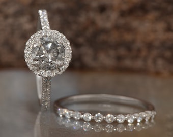 Halo Bridal Ring Set, Pave Wedding Ring Set, Art Deco Diamond Jewelry, Salt and Pepper Diamond Ring Set, Half Eternity Wedding Band