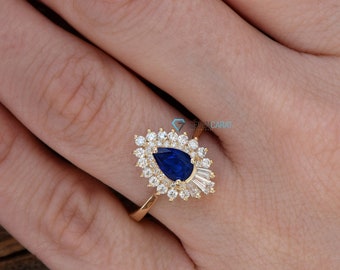 14k Gold Sapphire Ring, Gatsby Ring, Sunburst Ring, Ballerina Ring, Art Deco Diamond Jewelry, Sapphire Diamond Ring, Art Deco Sapphire Ring