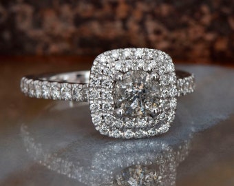 Doppelter Halo Verlobungsring, quadratischer Verlobungsring, grauer Diamantring, Art Deco Diamantschmuck, 0.60 Karat Diamantring, Vintage Stil