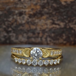 Conjunto de novia vintage - Conjunto de novia de diamantes - Alianza de boda apilable - Conjunto de boda de oro amarillo en racimo - Envío gratuito