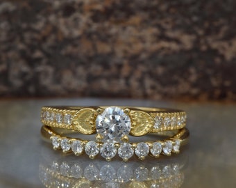 Vintage bridal set-Diamond Bridal set-Stacking wedding band- Cluster yellow gold wedding set-free shipping