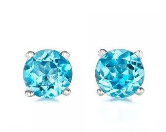 Pendientes de topacio natural azul de 1 quilate, joyería de piedras preciosas genuinas de oro blanco sólido de 14 k, regalo de piedra de nacimiento de noviembre, ideas de regalos de aniversario