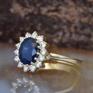 Princess Diana Engagement Ring, 1CT Oval Blue Sapphire 14K/18K Gold Proposal Ring, September Birthstone Ring, Anniversary Ring Gift For Her