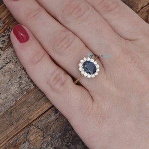 Vintage Blue Sapphire Engagement Ring, Princess Diana Certified Oval Cut 14K/18K Gold Natural Diamond Ring, Royal Promise Ring, Anniversary