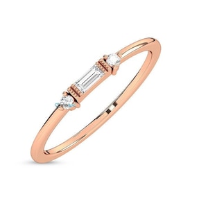 14k/ 18k  Gold Minimal Baguette Wedding Ring, Solid Gold Thin Stacking Ring, Diamond Wedding Band, Baguette Diamond Ring, Gift For Wife
