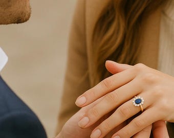 Vintage Halo Oval 1 Carat Blue Sapphire and Diamond Ring, Princess Diana Ring, Royal Ring, Non Traditional Engagement Ring, Anniversary Ring