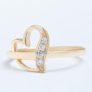 Anillo minimalista de corazón de oro amarillo sólido de 14k con diamantes naturales, elegante anillo de compromiso del corazón, joyería de amor, regalo romántico para la esposa
