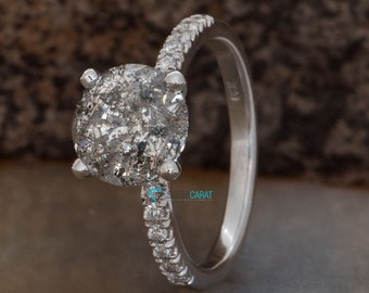 Elegante anel de noivado de ouro maciço de 1 quilate com diamantes sal e pimenta com detalhes em diamantes naturais, anel de promessa com diamante cinza, anel de aniversário