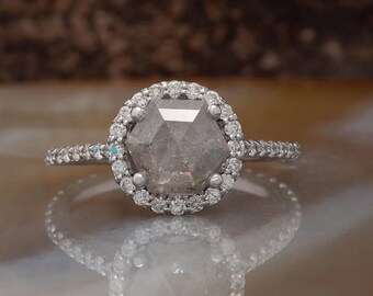 Elegant Hexagon Salt and Pepper Diamond Ring, Non Traditional Engagement Ring, Halo Solid Gold Proposal Ring, Fancy Anniversary Ring