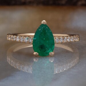 Emerald Engagement Ring Art deco Emerald Engagement Ring Gold Ring-Anniversary present-Promised ring-Emerald ring-Pear shaped emerald image 1