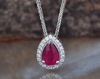 Elegant 14K White Gold Halo Pear Shaped Natural Red Ruby Pendant Necklace, Ruby Gemstone and Genuine Diamonds Necklace, July Birthstone Gift