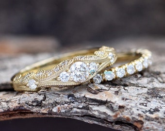 Filigree engagement wedding set-Diamond Bridal set-Gold Ring -Promise ring-Art deco ring - Bridal Jewelry-Unique diamond ring-Vintage ring