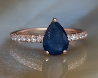 Blue Sapphire Diamond Engagement Ring -Rose Gold Ring-Sapphire Engagement Ring -Pear shaped sapphire-Promised ring-Blue Sapphire ring