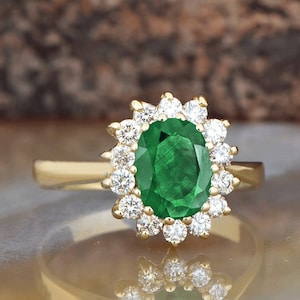 1 carat Green Emerald Engagement Ring-Diamond ring with Emerald-halo emerald ring-Oval cut engagement ring-Diana Ring-vintage emerald ring image 1