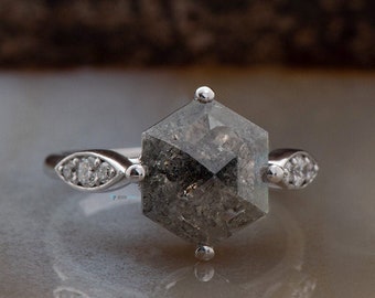 1.8 ct Hexagon diamond-salt & pepper diamond-Salt and Pepper diamond engagement ring-Salt and pepper ring-Hexagon ring-Hexagon diamond ring