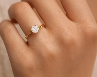 Dainty Solid Gold Round Lab Diamond Engagement Ring, Estate Diamond Jewelry, Elegant Solitaire Diamond Ring, Anniversary Ring, Gift For Wife