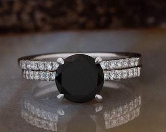 Black diamond ring-Black diamond ring set-Halo engagement ring set-Black diamond ring for women-Halo Wedding Set-2ct diamond engagement ring
