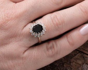 Yellow Gold Black Diamond Ring, Solid Gold Art Deco Ring, Black Diamond Jewelry, Black White Diamond Ring, Black Diamond Halo Ring, Diana