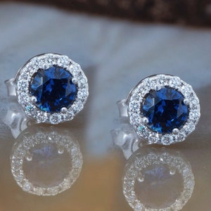 Minimalist Dainty Solid Gold Halo Blue Sapphire and Genuine Diamond Stud Earrings, Sapphire Gemstone Jewelry, September Birthstone Gift