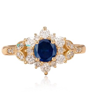 Alternative 14k Gold Sapphire Diamond Ring, Solid Gold Sapphire Flower Engagement Ring, Elegant Sapphire Gemstone Jewelry, Anniversary Ring