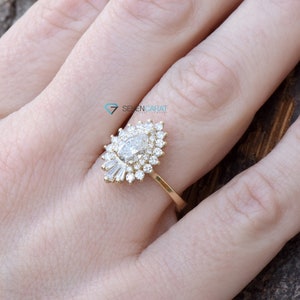 1 Carat Diamond engagement ring vintage-14K Yellow Gold-Promise ring-Pear shaped diamond engagement ring-Baguette diamond ring-Art deco ring image 7