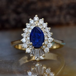 14k Gold Sapphire Ring, Gatsby Ring, Sunburst Ring, Ballerina Ring, Art Deco Diamond Jewelry, Sapphire Diamond Ring, Art Deco Sapphire Ring image 6