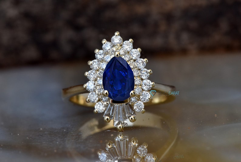 14k Gold Sapphire Ring, Gatsby Ring, Sunburst Ring, Ballerina Ring, Art Deco Diamond Jewelry, Sapphire Diamond Ring, Art Deco Sapphire Ring image 6