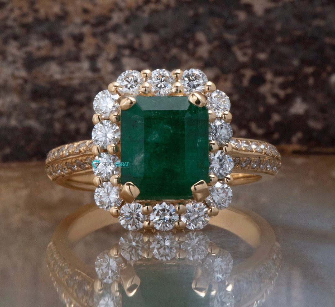 Emerald Engagement Ring With Diamonds 14K Yellow Gold - Etsy